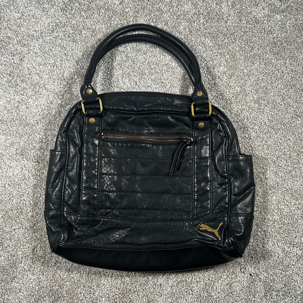 Puma Vintage Black Quilted Faux Leather Shoulder Bag Satchel Gold Logo